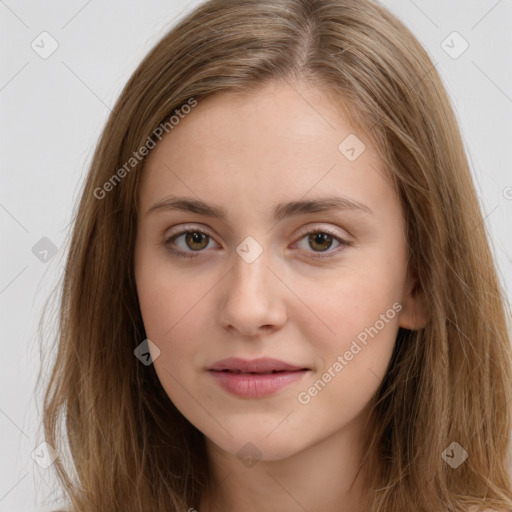 Neutral white young-adult female with long  brown hair and brown eyes