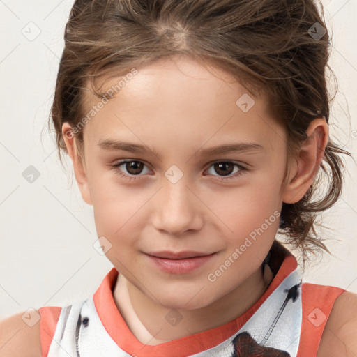 Joyful white child female with medium  brown hair and brown eyes