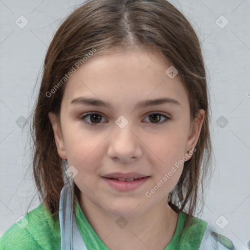 Joyful white child female with medium  brown hair and brown eyes