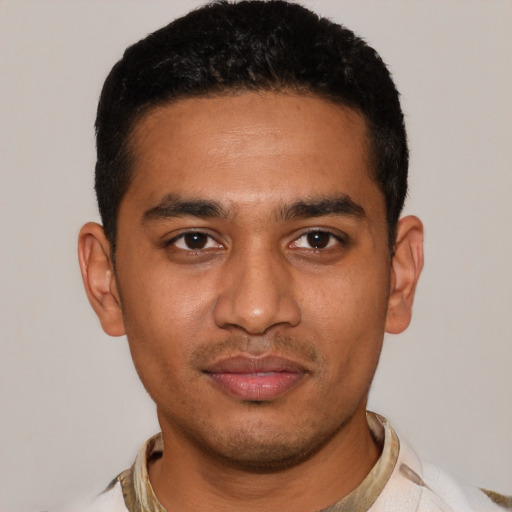 Neutral latino young-adult male with short  black hair and brown eyes