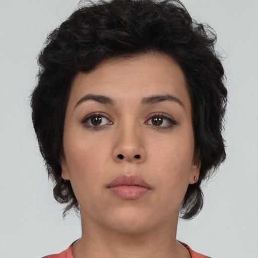 Neutral asian young-adult female with short  brown hair and brown eyes