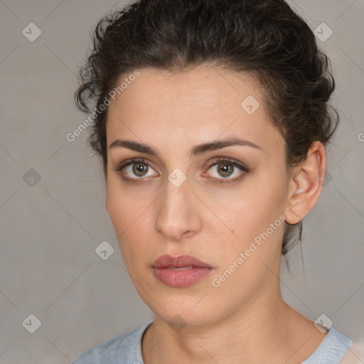 Neutral white young-adult female with medium  brown hair and brown eyes