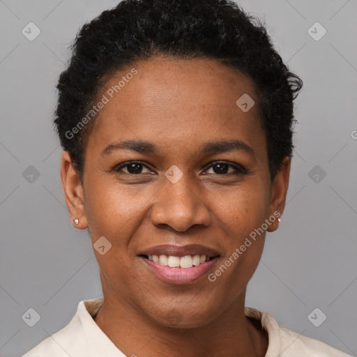 Joyful black young-adult female with short  brown hair and brown eyes