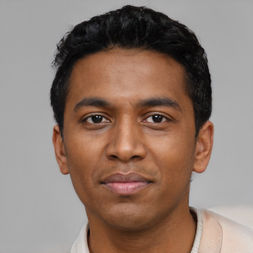 Neutral black young-adult male with short  black hair and brown eyes