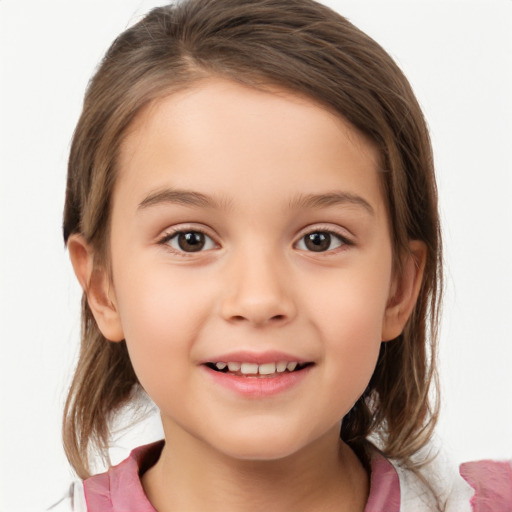 Joyful white child female with medium  brown hair and brown eyes