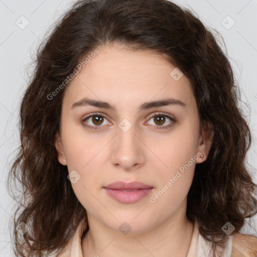 Neutral white young-adult female with medium  brown hair and brown eyes