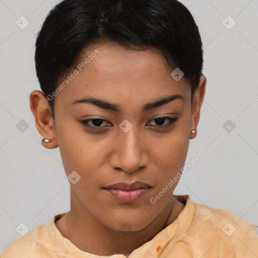 Joyful asian young-adult female with short  brown hair and brown eyes