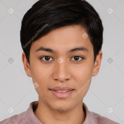 Joyful latino young-adult female with short  brown hair and brown eyes