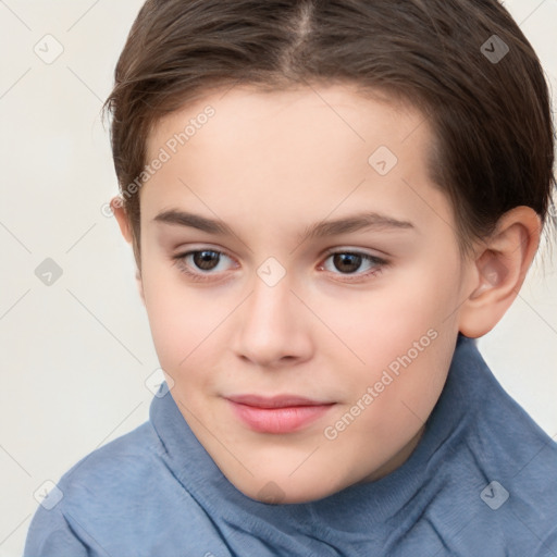 Joyful white child female with short  brown hair and brown eyes