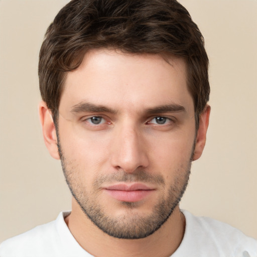 Neutral white young-adult male with short  brown hair and brown eyes