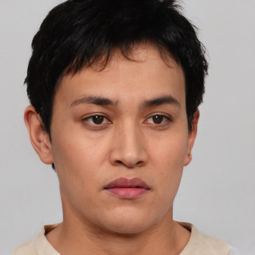 Neutral asian young-adult male with short  brown hair and brown eyes