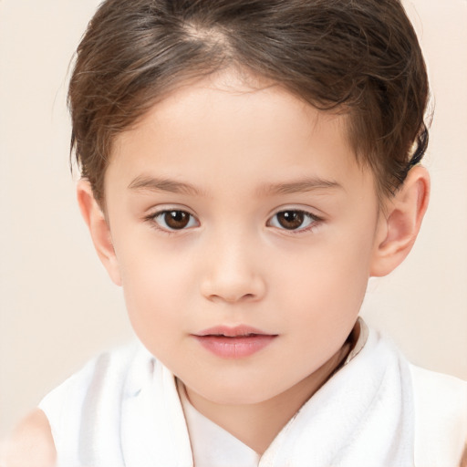 Joyful white child female with short  brown hair and brown eyes