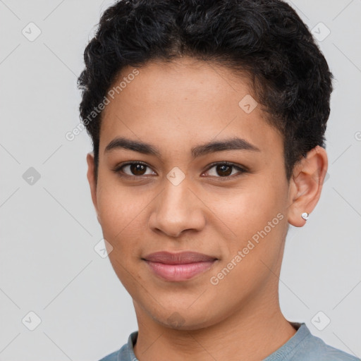 Joyful latino young-adult female with short  brown hair and brown eyes