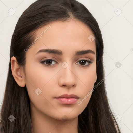 Neutral white young-adult female with long  brown hair and brown eyes