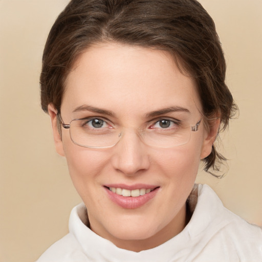 Joyful white young-adult female with medium  brown hair and green eyes