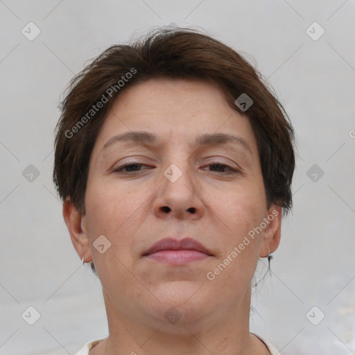 Neutral white adult female with short  brown hair and brown eyes