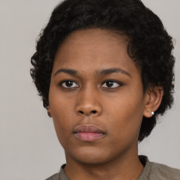 Neutral black young-adult female with short  black hair and brown eyes