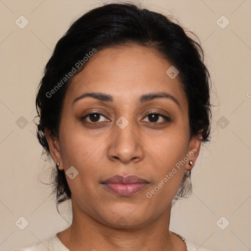 Joyful latino adult female with medium  brown hair and brown eyes