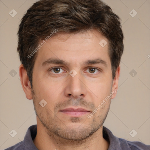 Neutral white young-adult male with short  brown hair and brown eyes