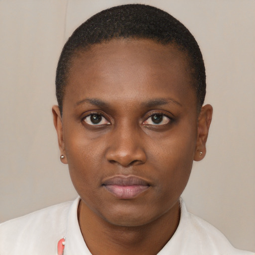Neutral black young-adult female with short  brown hair and brown eyes