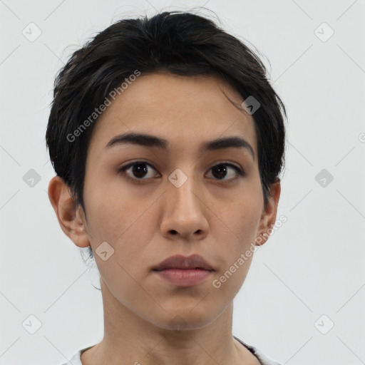 Neutral asian young-adult female with short  black hair and brown eyes