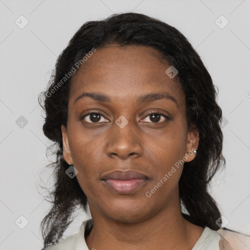 Neutral black young-adult female with medium  black hair and brown eyes