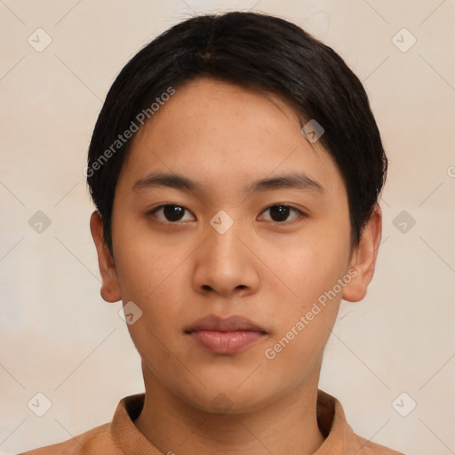 Neutral asian young-adult male with short  black hair and brown eyes