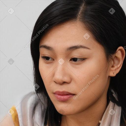 Neutral asian young-adult female with long  brown hair and brown eyes