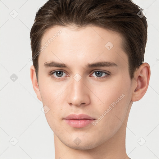 Neutral white young-adult male with short  brown hair and brown eyes