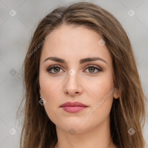 Neutral white young-adult female with long  brown hair and brown eyes