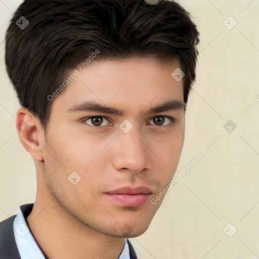 Neutral white young-adult male with short  brown hair and brown eyes