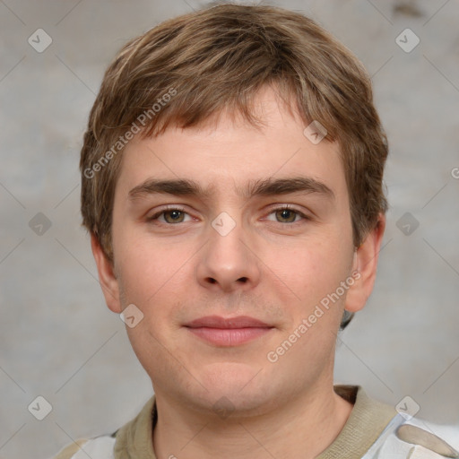 Neutral white young-adult male with short  brown hair and grey eyes