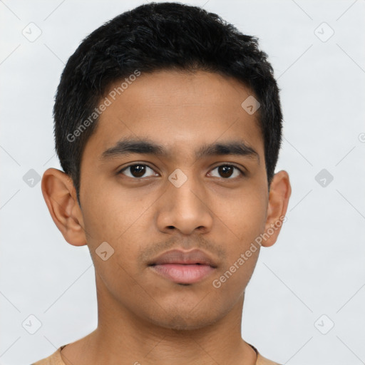 Neutral latino young-adult male with short  black hair and brown eyes