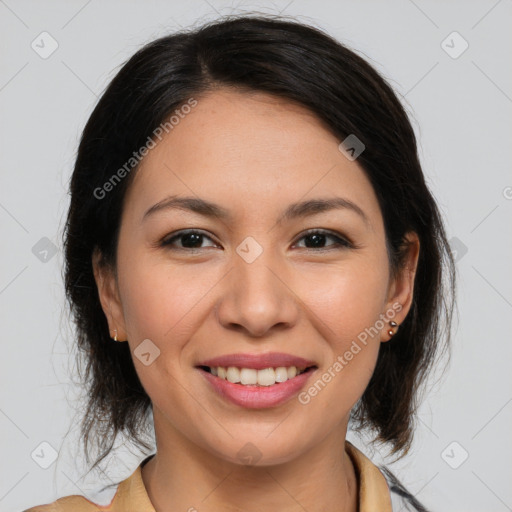 Joyful white young-adult female with medium  brown hair and brown eyes