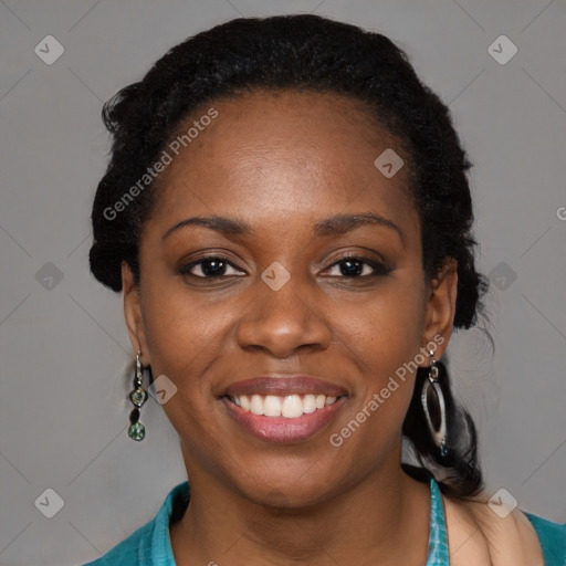 Joyful black young-adult female with medium  black hair and brown eyes