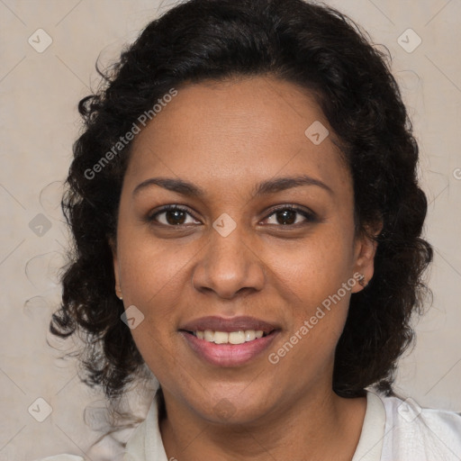 Joyful black young-adult female with medium  brown hair and brown eyes