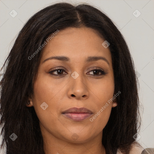 Joyful asian young-adult female with long  brown hair and brown eyes