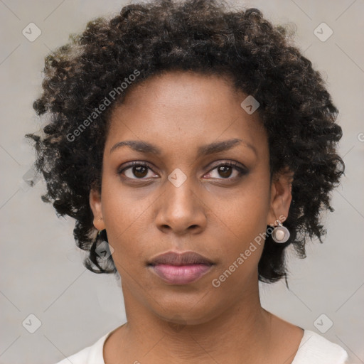 Neutral black young-adult female with short  black hair and brown eyes