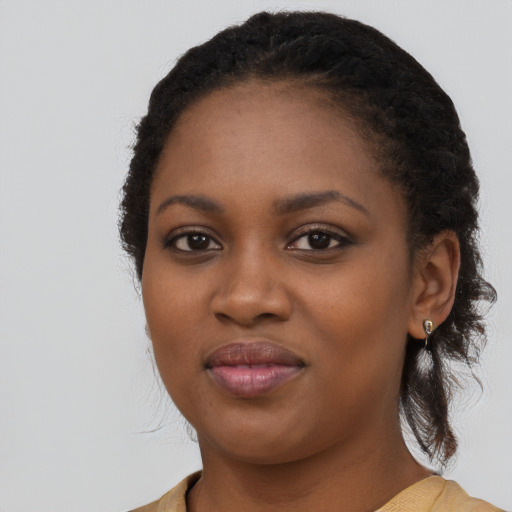 Joyful black young-adult female with long  black hair and brown eyes