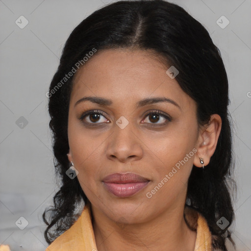 Joyful black young-adult female with medium  brown hair and brown eyes