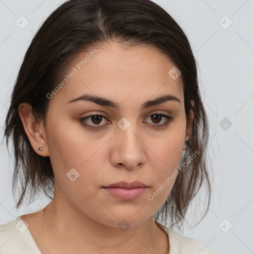 Neutral white young-adult female with medium  brown hair and brown eyes