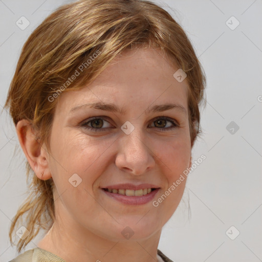 Joyful white young-adult female with medium  brown hair and blue eyes