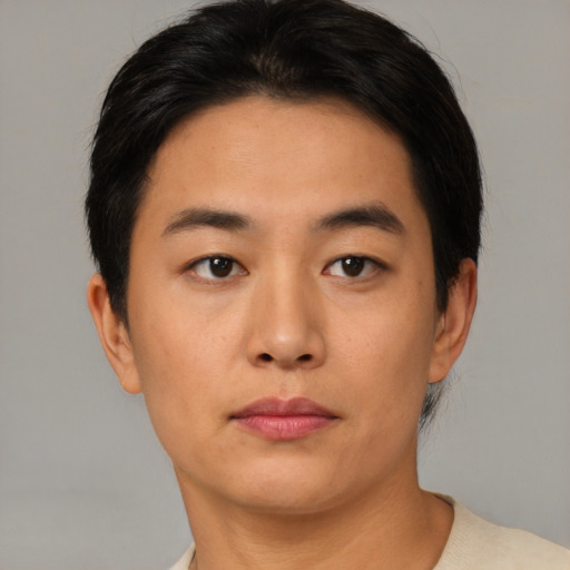 Neutral asian young-adult male with short  brown hair and brown eyes