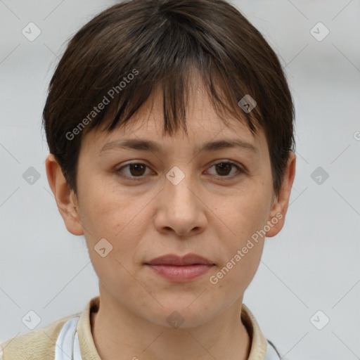 Joyful white adult female with short  brown hair and brown eyes