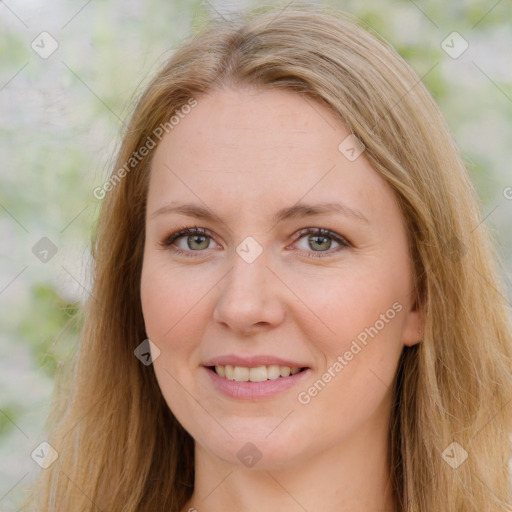 Joyful white young-adult female with long  brown hair and green eyes