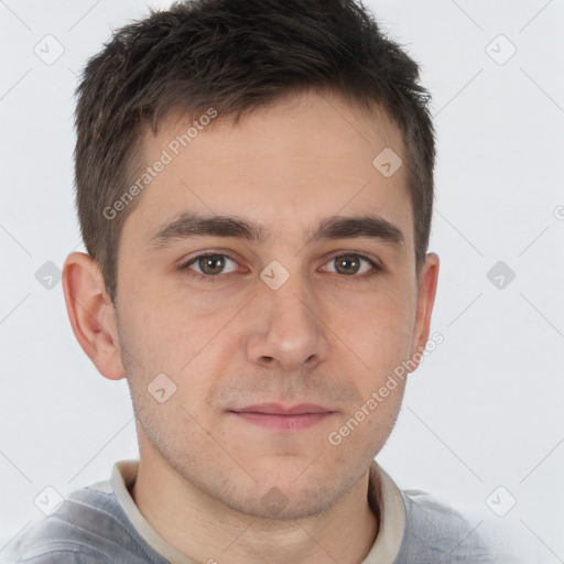 Neutral white young-adult male with short  brown hair and brown eyes