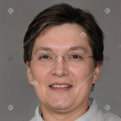 Joyful white middle-aged male with short  brown hair and brown eyes