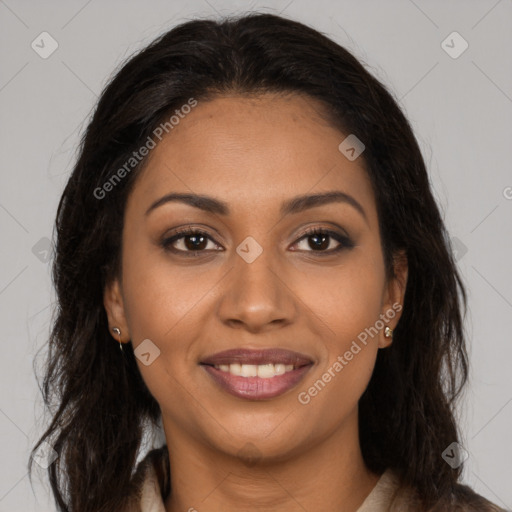 Joyful latino young-adult female with long  brown hair and brown eyes