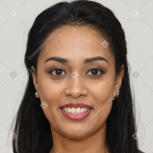 Joyful latino young-adult female with long  brown hair and brown eyes