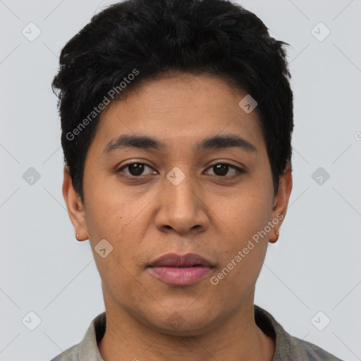 Neutral latino young-adult male with short  black hair and brown eyes